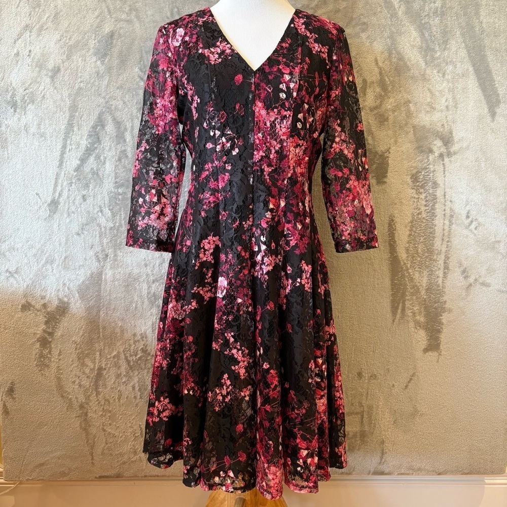 Dark Romantic Feminine Lace Floral Fit and Flare Cocktail Dress